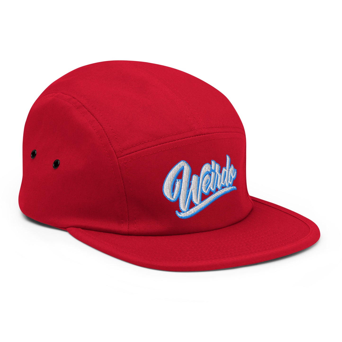 Red-Weirdo 5-panel Snapback Hat from B.Different Clothing, 3/4 right view, graffiti-inspired streetwear