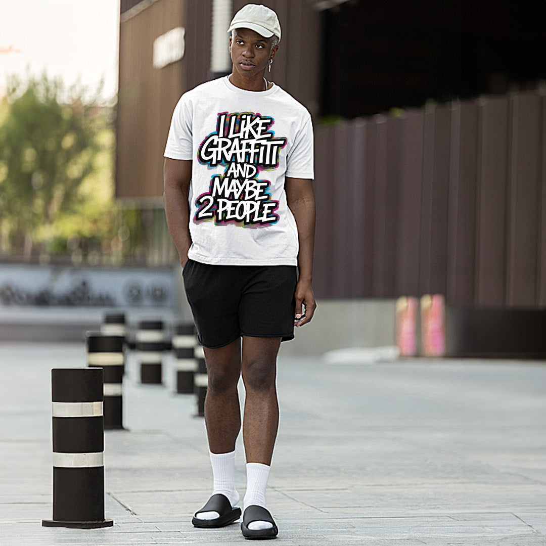 White-I Like Graffiti and Maybe 2 People Tee from B.Different Clothing, male model, graffiti-inspired streetwear t-shirt