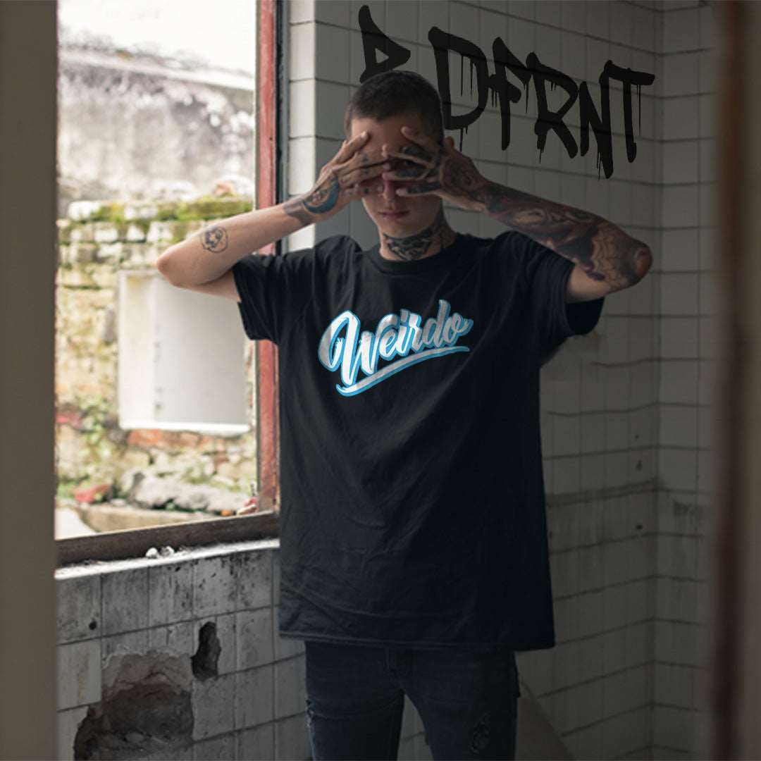 Black-Weirdo Tee from B.Different Clothing, male model, graffiti-inspired streetwear t-shirt