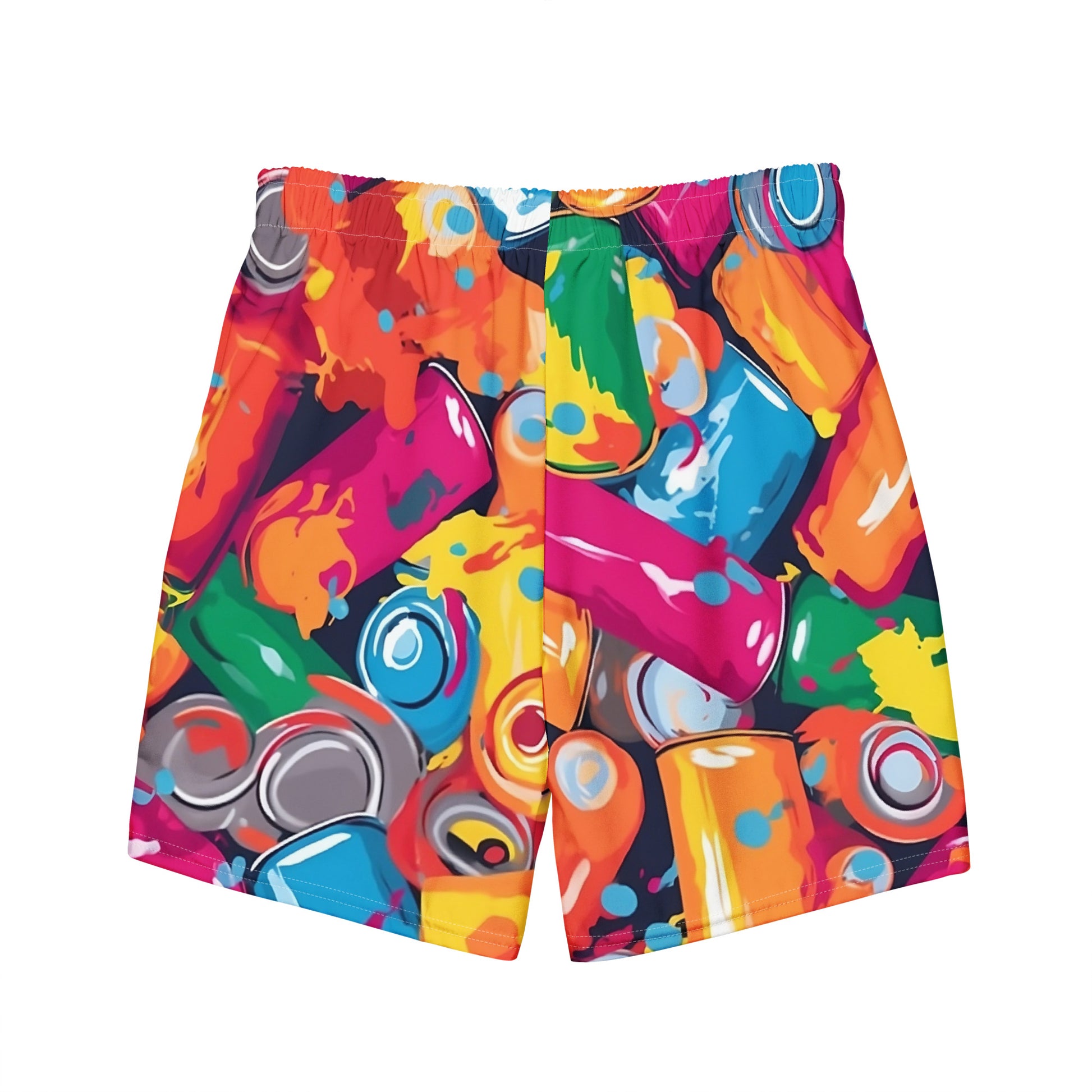 back of spray cans swim shorts by B.Different Clothing independent streetwear inspired by street art graffiti