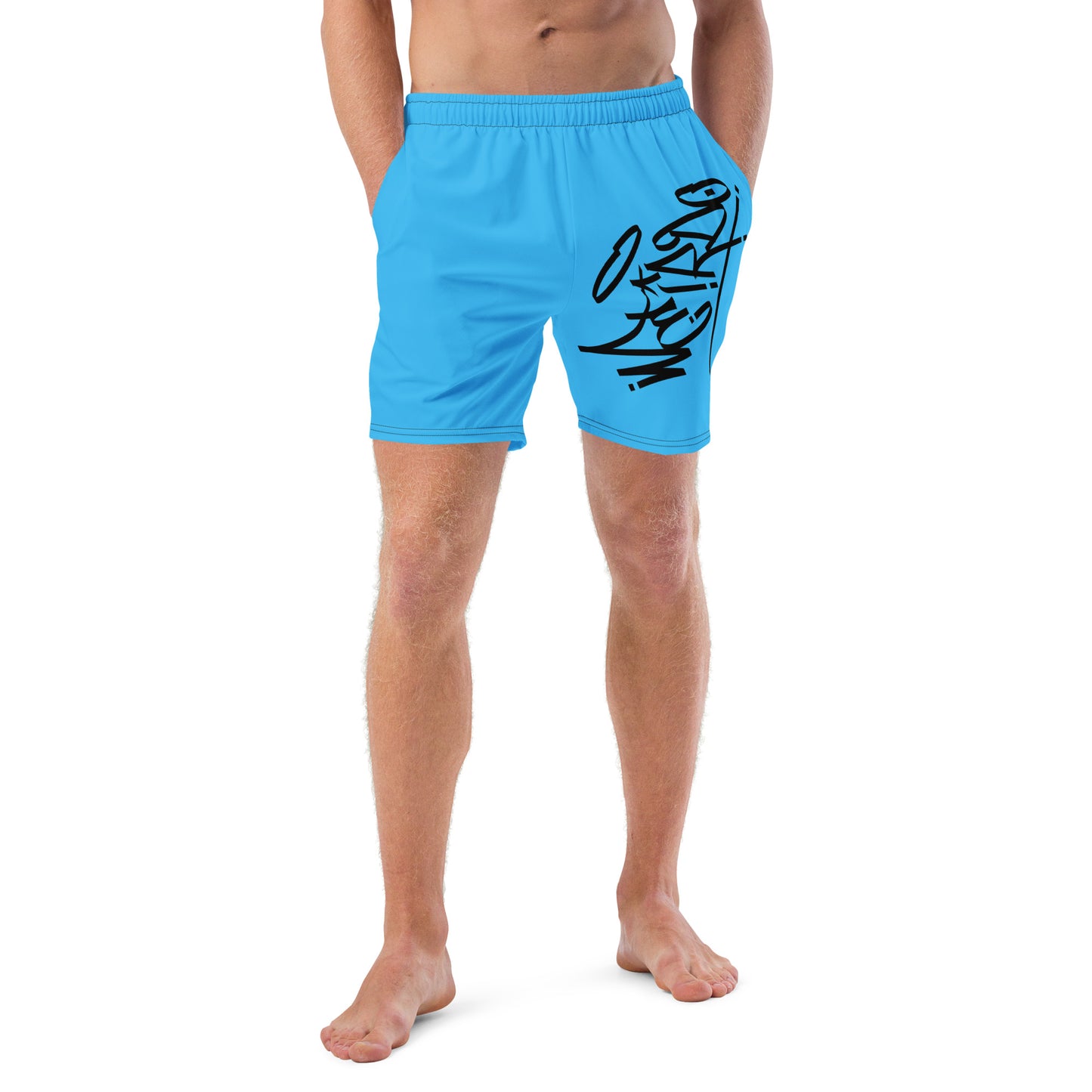 man wearing weirdo tag swim shorts blue by B.Different Clothing independent streetwear inspired by street art graffiti