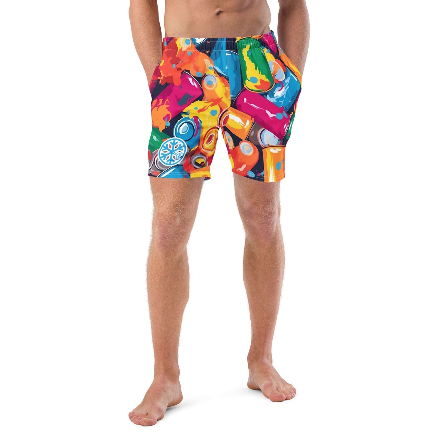 man front with spray cans swim shorts by B.Different Clothing independent streetwear inspired by street art graffiti