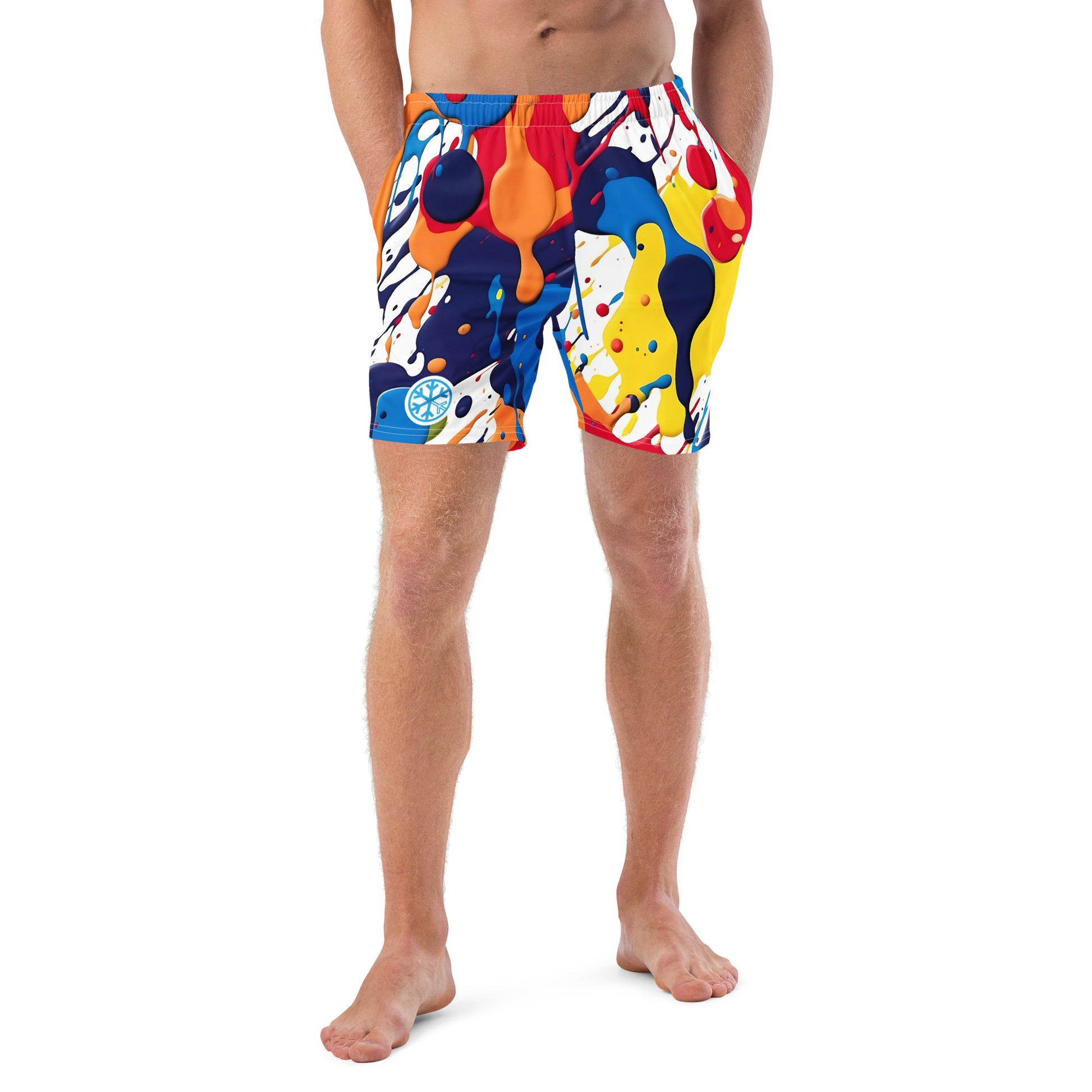 -Paint Splashes Graffiti Swim Shorts from B.Different Clothing, male model front view, graffiti-inspired streetwear