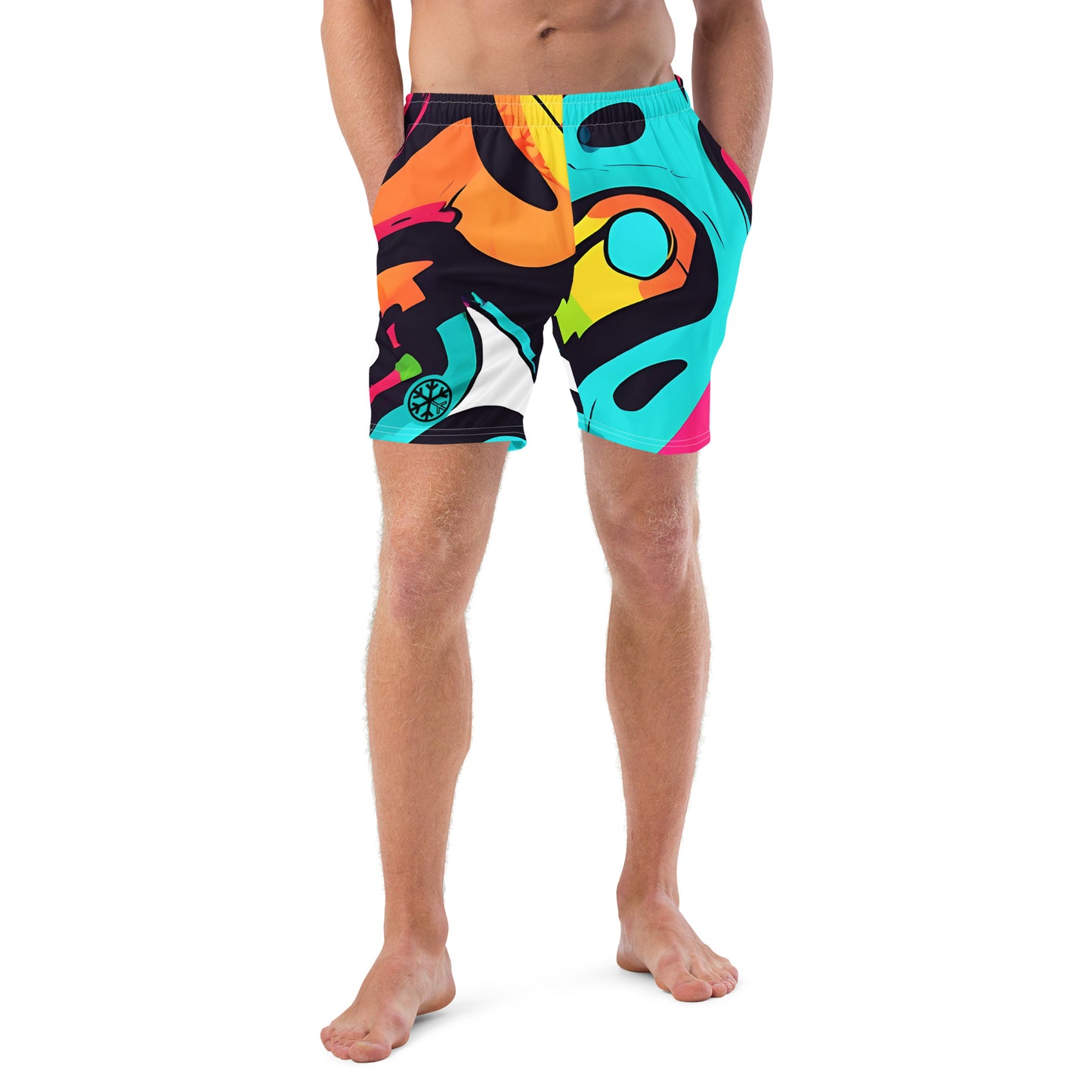 -Paint Blend Graffiti Swim Shorts from B.Different Clothing, male model front view, graffiti-inspired streetwear