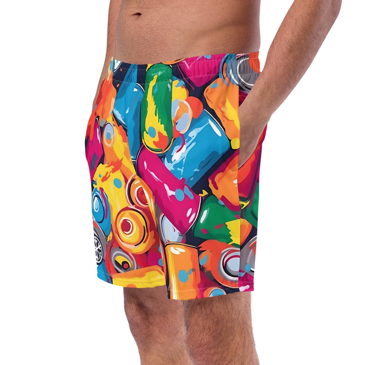 -Spray Cans Graffiti Swim Shorts from B.Different Clothing, male model side view, graffiti-inspired streetwear