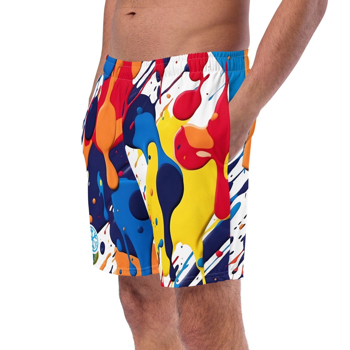-Paint Splashes Graffiti Swim Shorts from B.Different Clothing, male model side view, graffiti-inspired streetwear