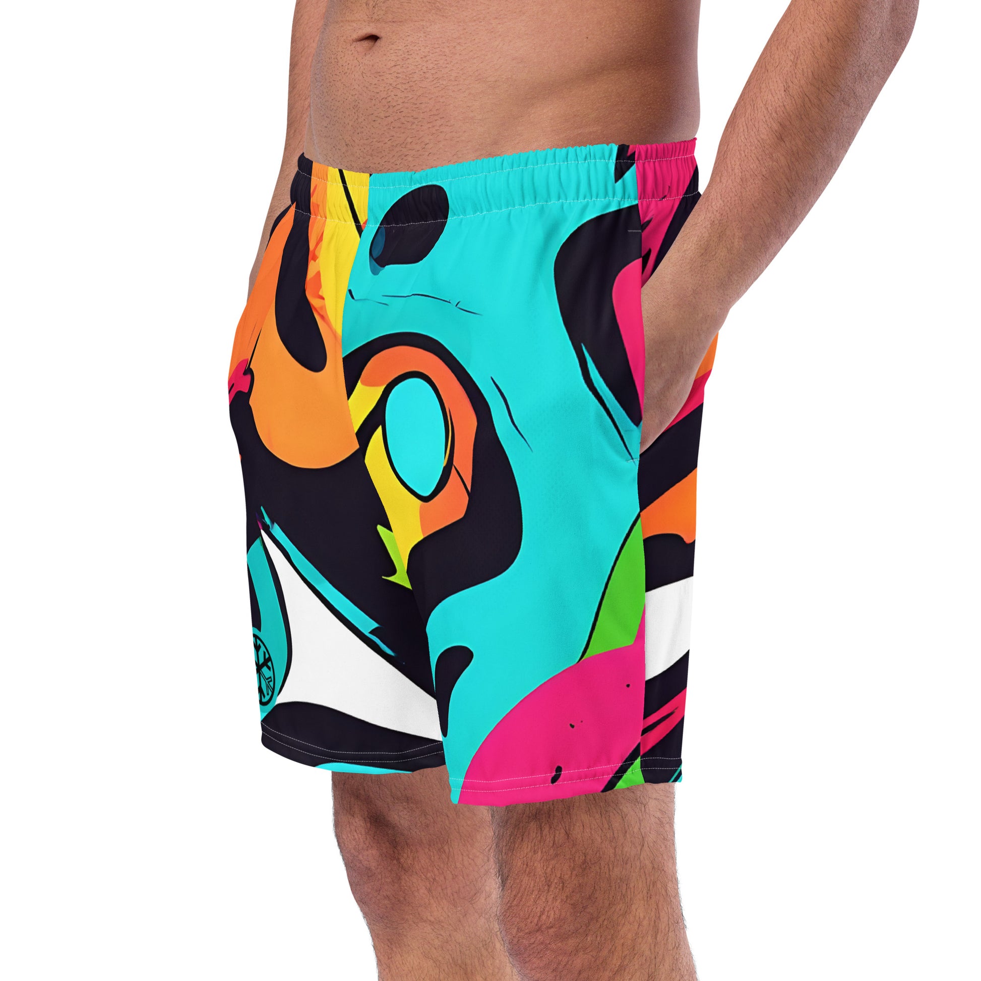 -Paint Blend Graffiti Swim Shorts from B.Different Clothing, male model side view, graffiti-inspired streetwear