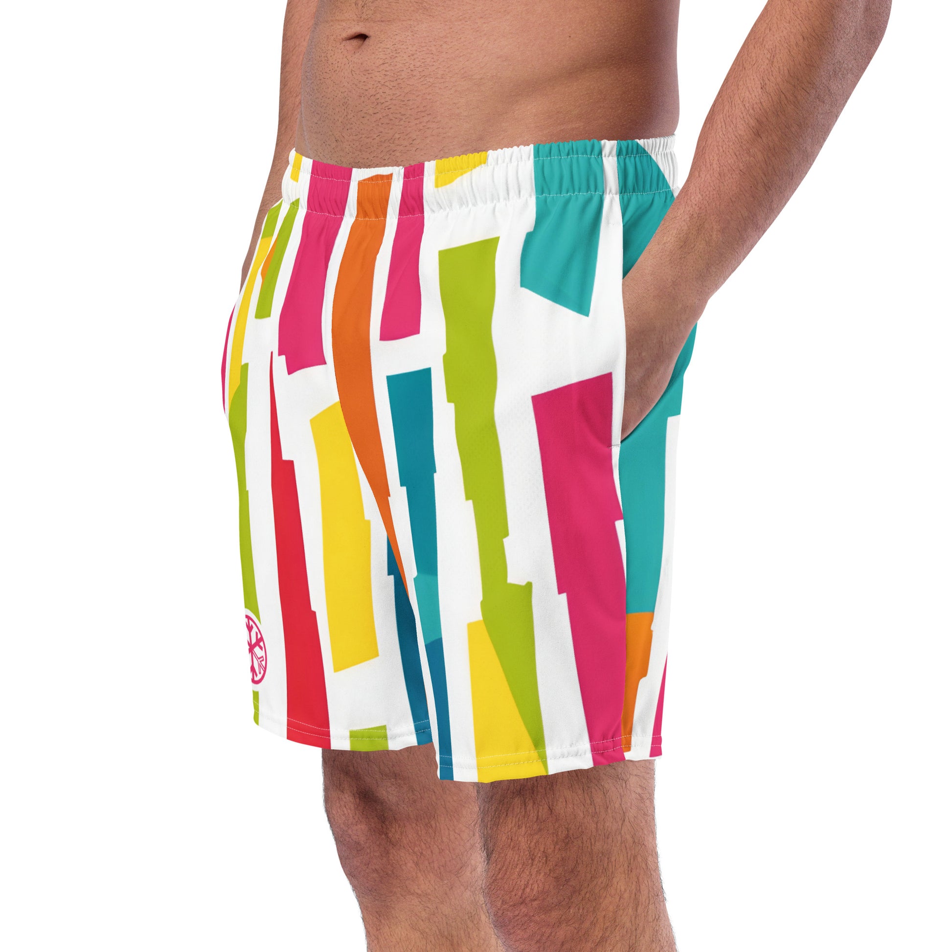 -Good Vibes Graffiti Swim Shorts from B.Different Clothing, male model side view, graffiti-inspired streetwear