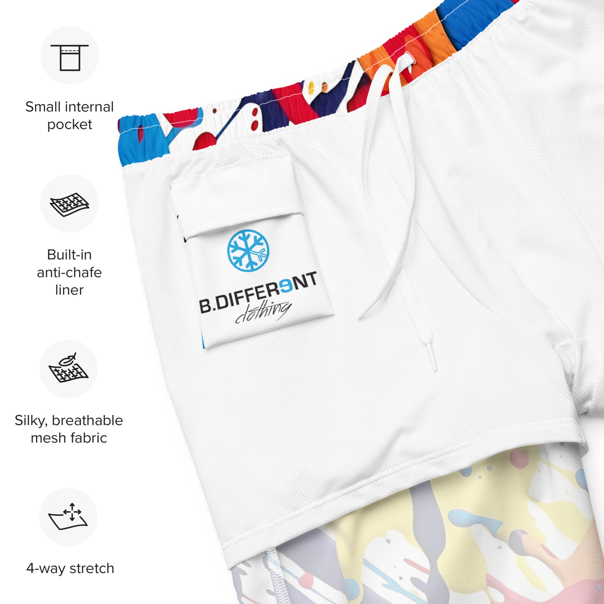 -Paint Splashes Graffiti Swim Shorts from B.Different Clothing, inside pocket, graffiti-inspired streetwear
