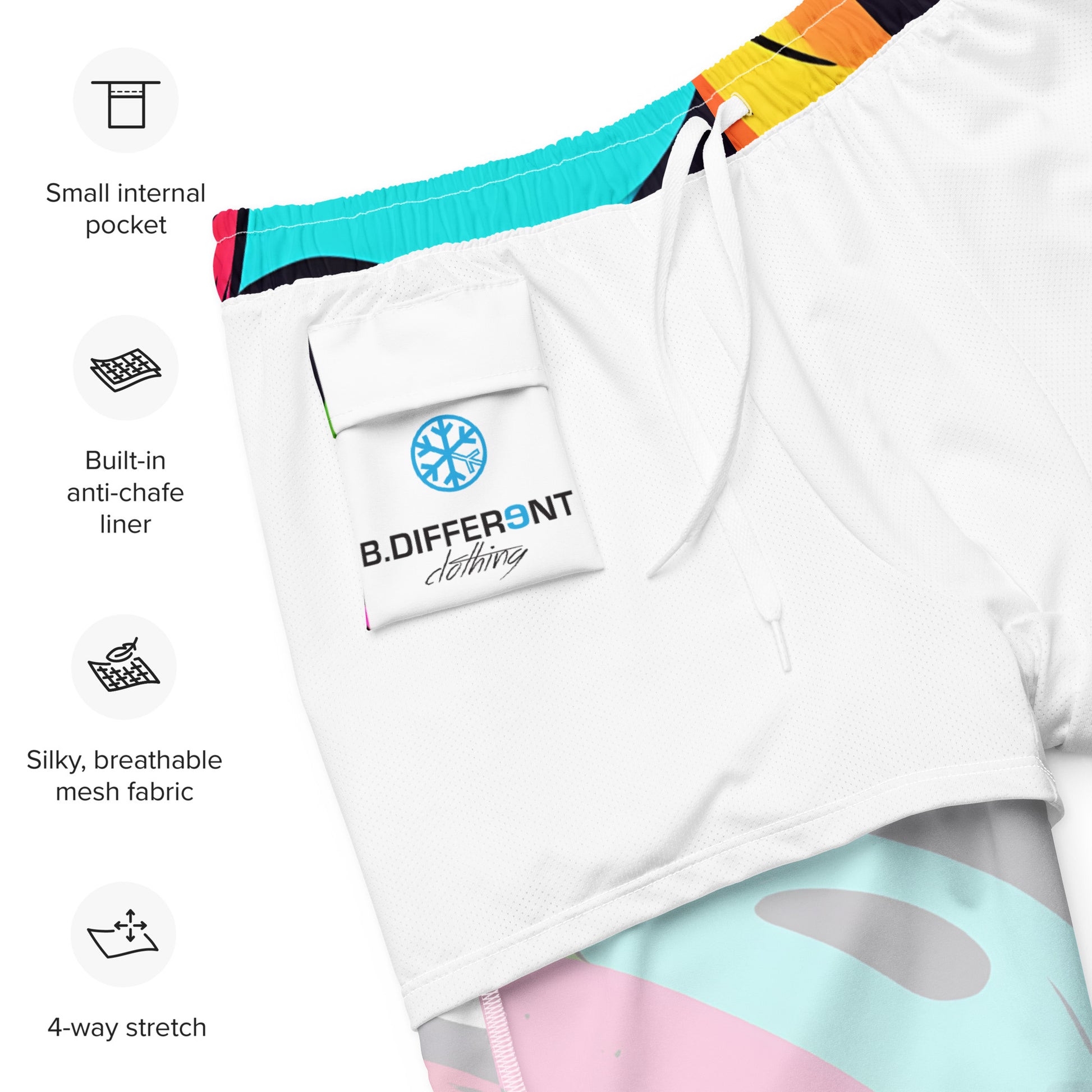 -Paint Blend Graffiti Swim Shorts from B.Different Clothing, inside pocket, graffiti-inspired streetwear