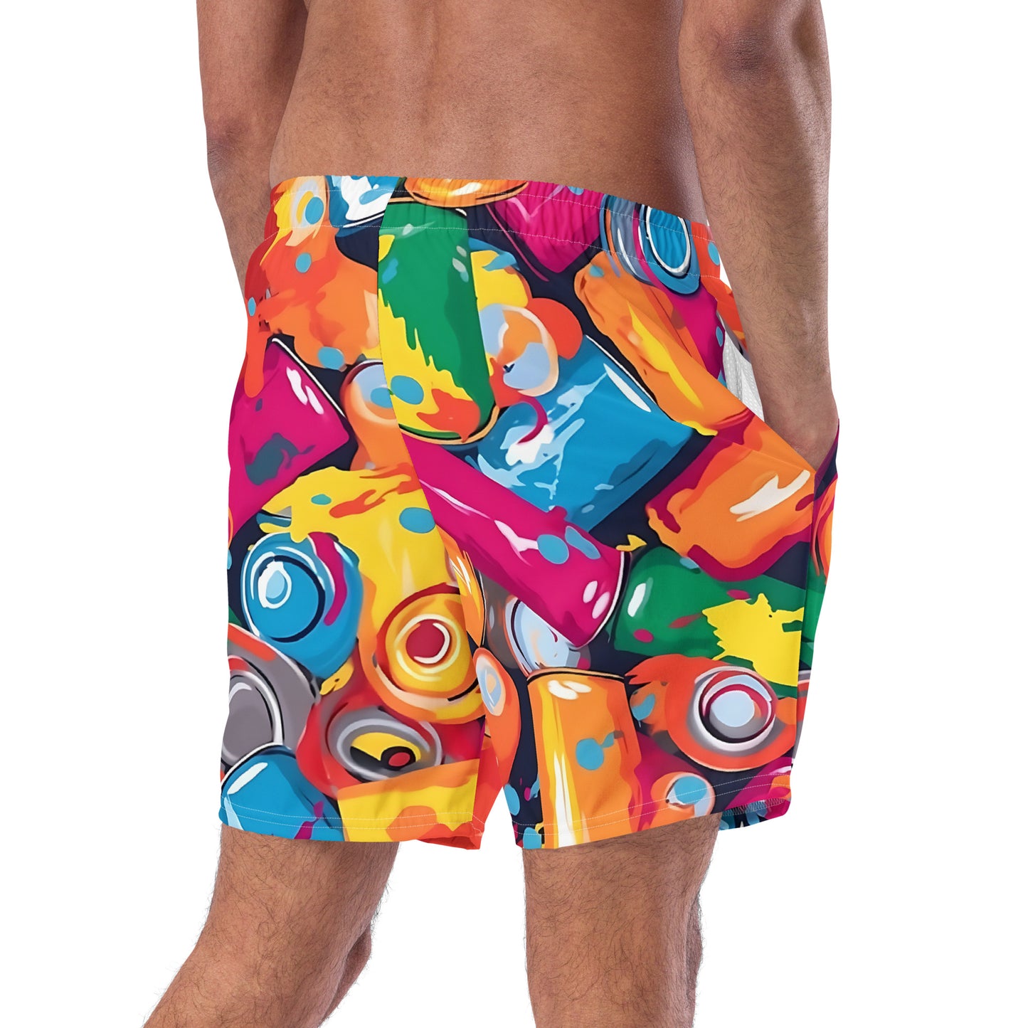 -Spray Cans Graffiti Swim Shorts from B.Different Clothing, male model back view, graffiti-inspired streetwear