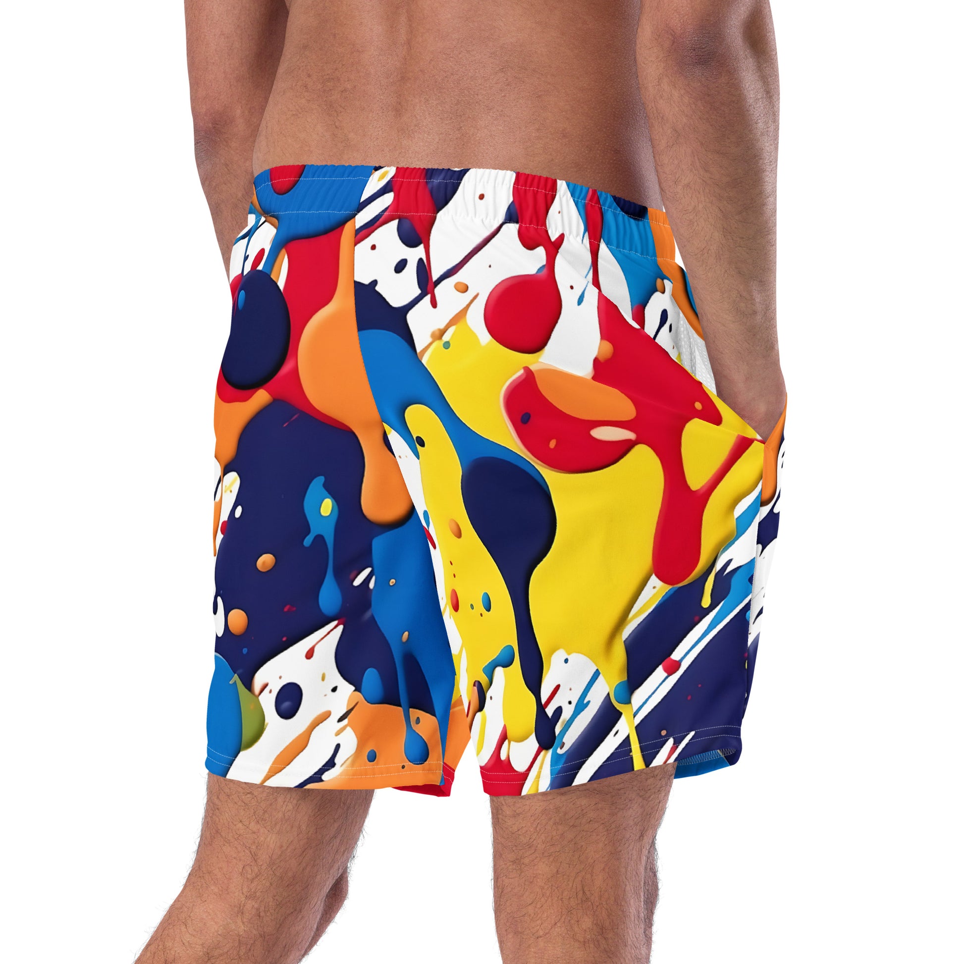 -Paint Splashes Graffiti Swim Shorts from B.Different Clothing, male model back view, graffiti-inspired streetwear