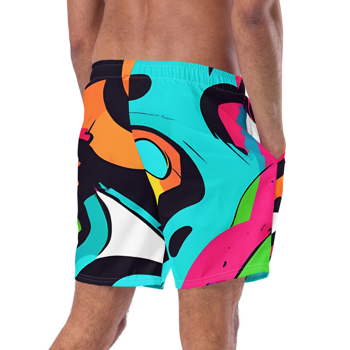 -Paint Blend Graffiti Swim Shorts from B.Different Clothing, male model back view, graffiti-inspired streetwear