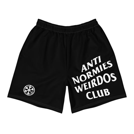 Black-Anti Normies Weirdos Club Shorts from B.Different Clothing, front view, graffiti-inspired streetwear