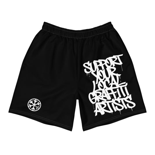Black-Support Your Local Graffiti Artists Shorts from B.Different Clothing, front view, graffiti-inspired streetwear