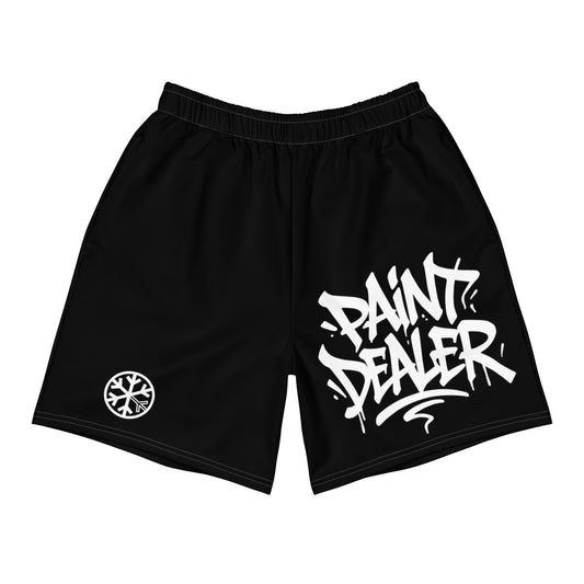 Black-Paint Dealer Graffiti Tag Shorts from B.Different Clothing, front view, graffiti-inspired streetwear