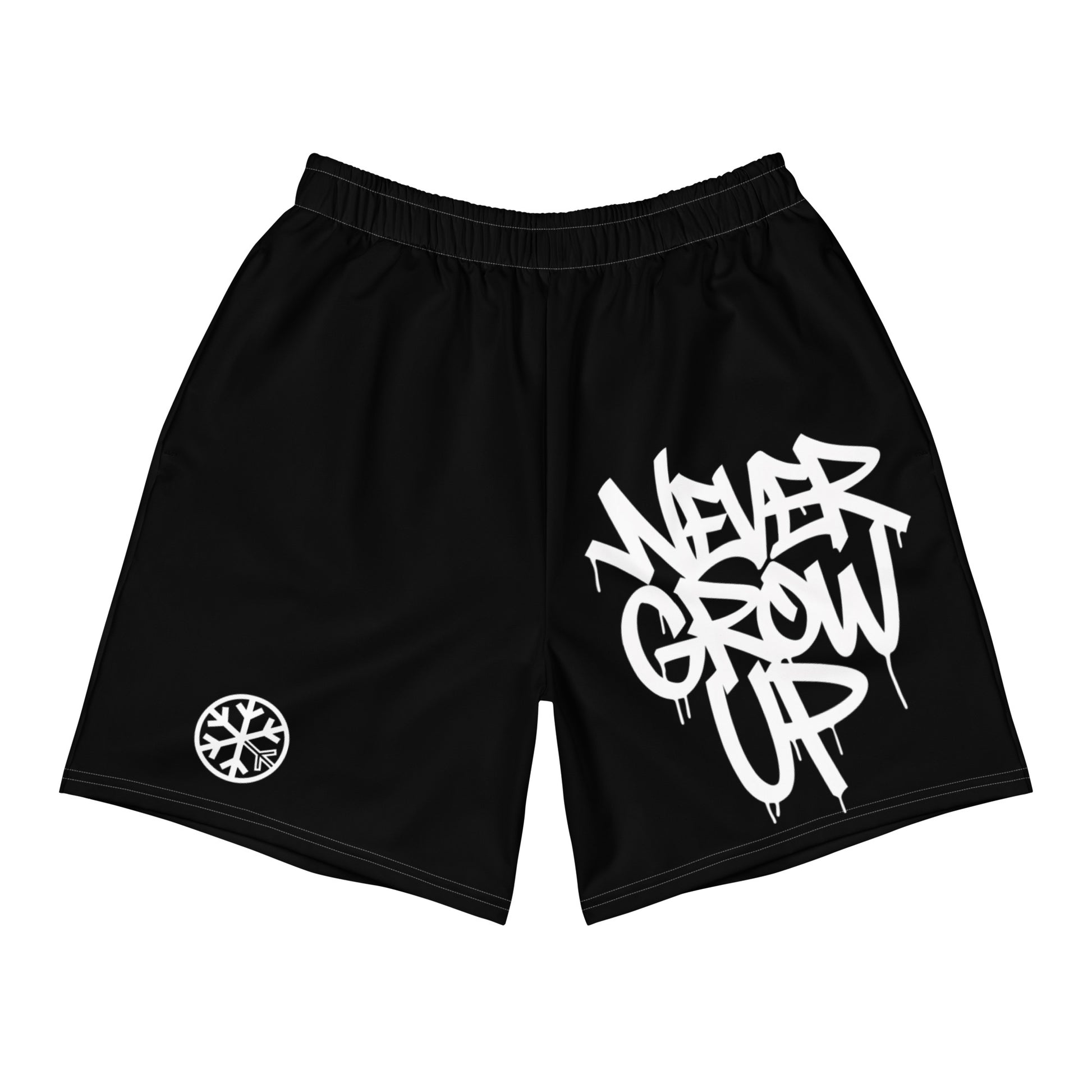 Black-Never Grow Up Graffiti Shorts from B.Different Clothing, front view, graffiti-inspired streetwear