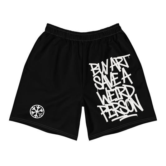 Black-Buy Art Save a Weird Person Graffiti Shorts from B.Different Clothing, front view, graffiti-inspired streetwear