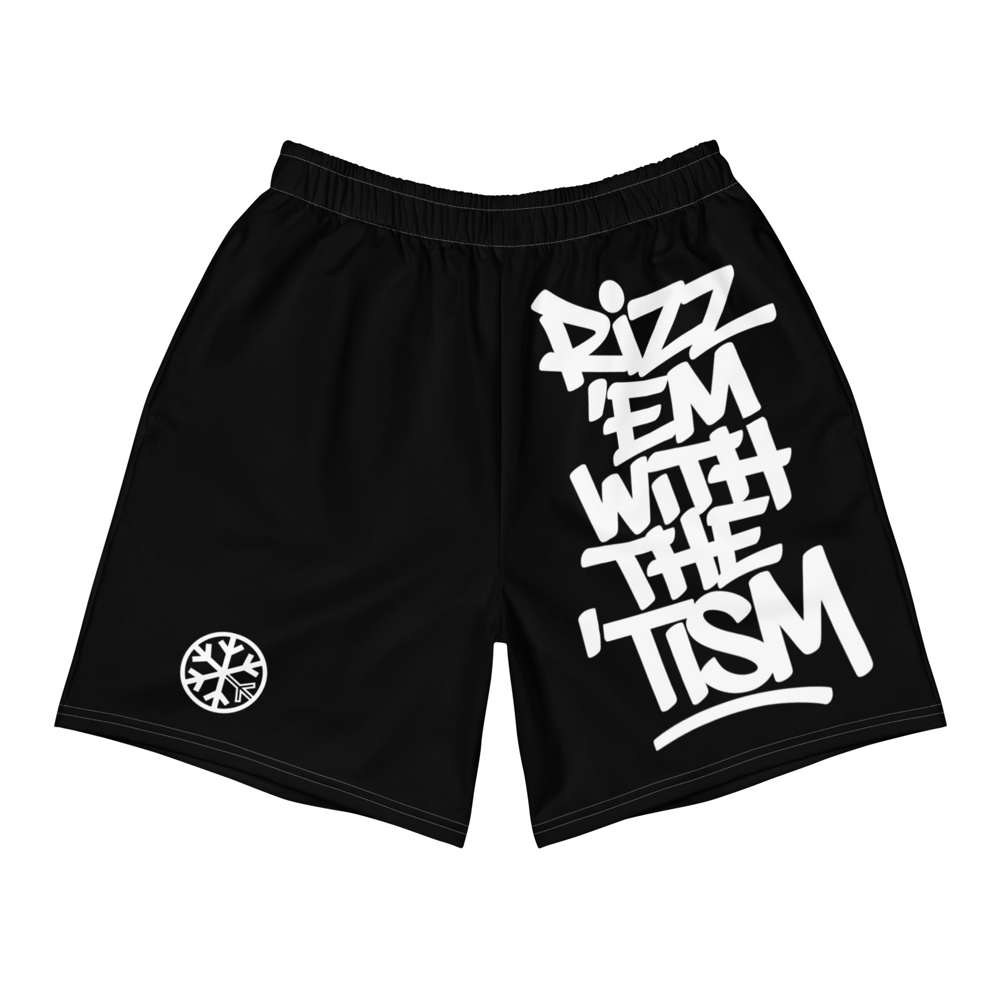 Black-Rizz Em With The Tism Graffiti Shorts from B.Different Clothing, front view, graffiti-inspired streetwear
