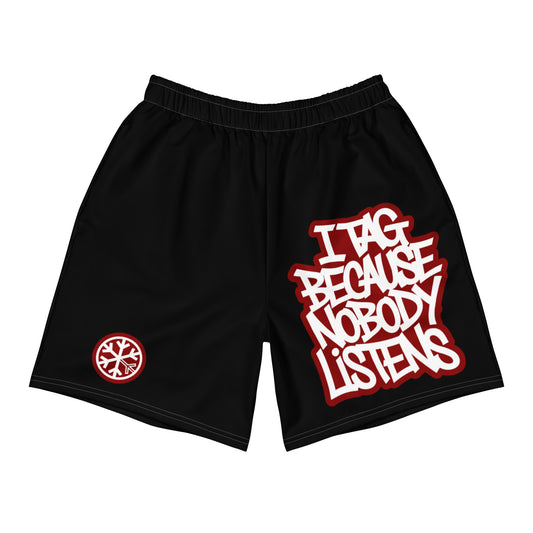 Black-Nobody Listens Graffiti Tag Shorts from B.Different Clothing, front view, graffiti-inspired streetwear