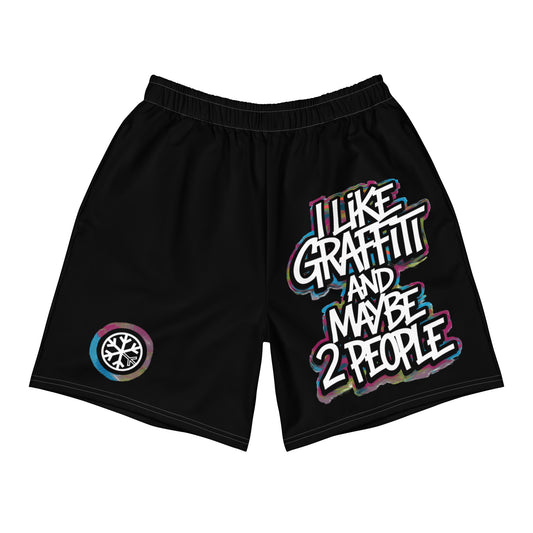 Black-I Like Graffiti and Maybe 2 People Shorts from B.Different Clothing, front view, graffiti-inspired streetwear
