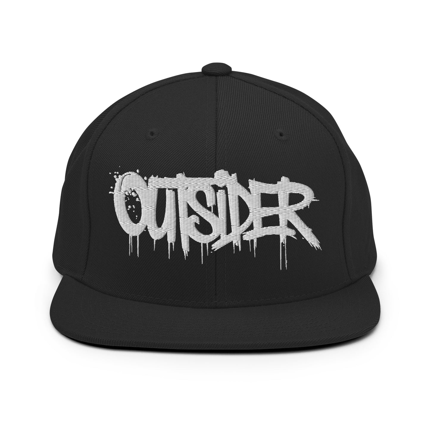 Black-Outsider Graffiti Tag Snapback Hat from B.Different Clothing, front view, graffiti-inspired streetwear