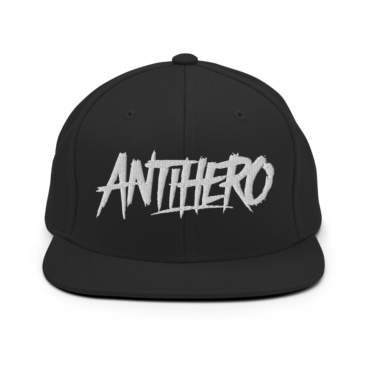 Black-Antihero Graffiti Tag Snapback Hat from B.Different Clothing, front view, graffiti-inspired streetwear