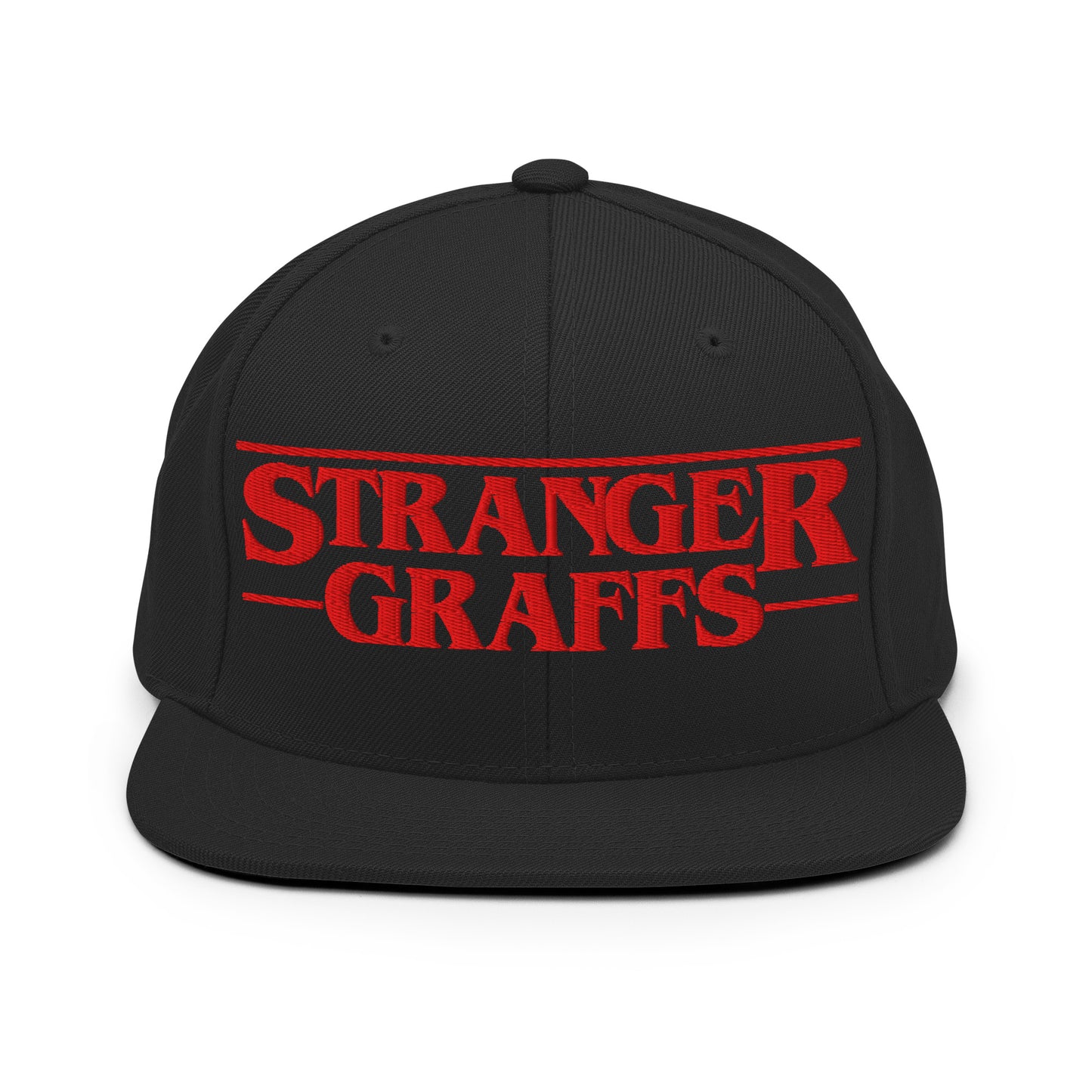 Black-Stranger Graffs Snapback Hat from B.Different Clothing, front view, graffiti-inspired streetwear