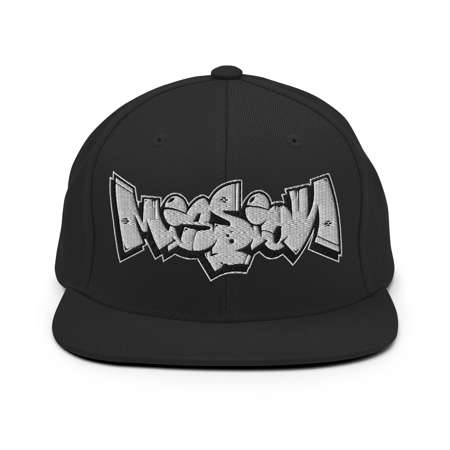 Black-Mission Graffiti Piece Snapback Hat from B.Different Clothing, front view, graffiti-inspired streetwear