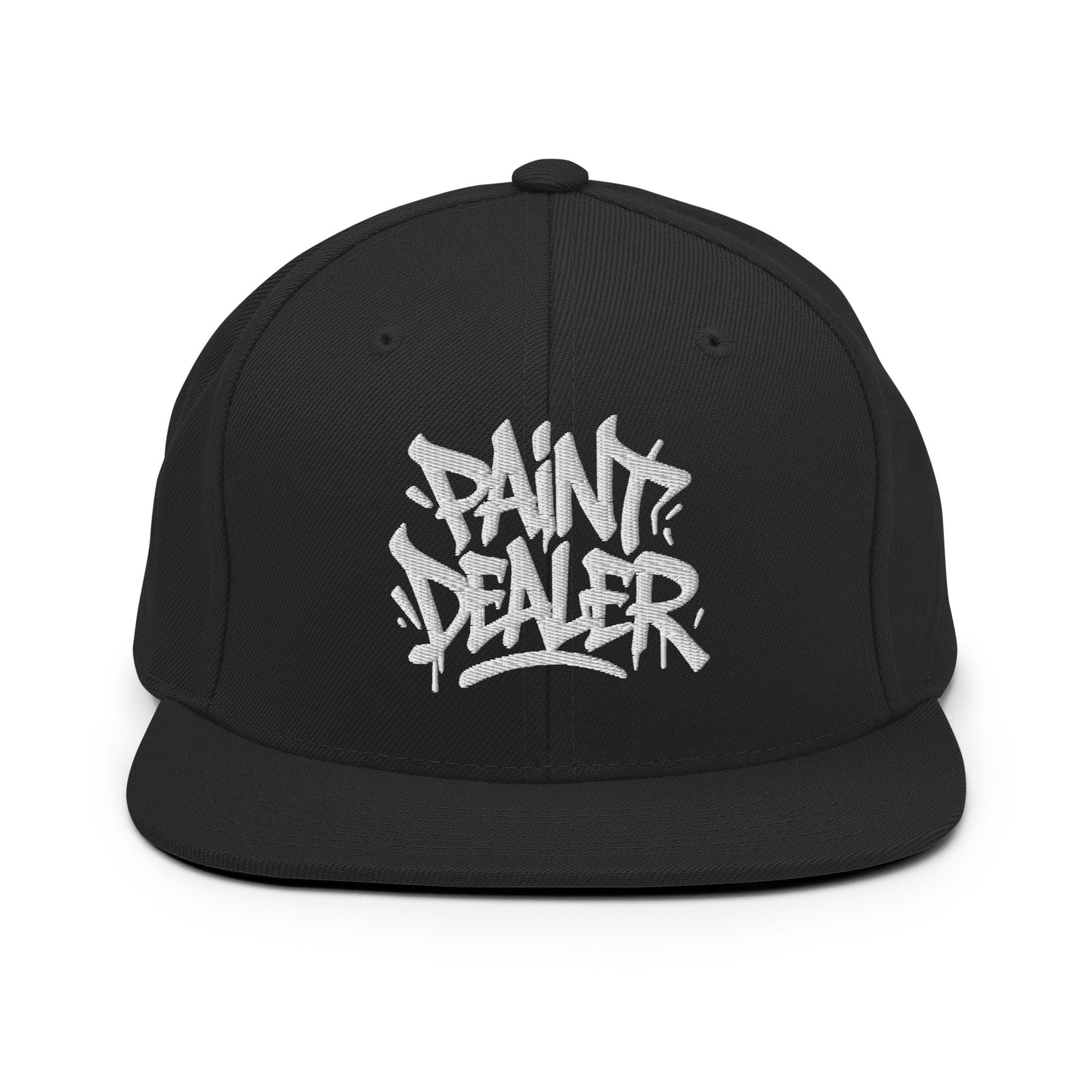 Black-Paint Dealer Graffiti Tag Snapback Hat from B.Different Clothing, front view, graffiti-inspired streetwear