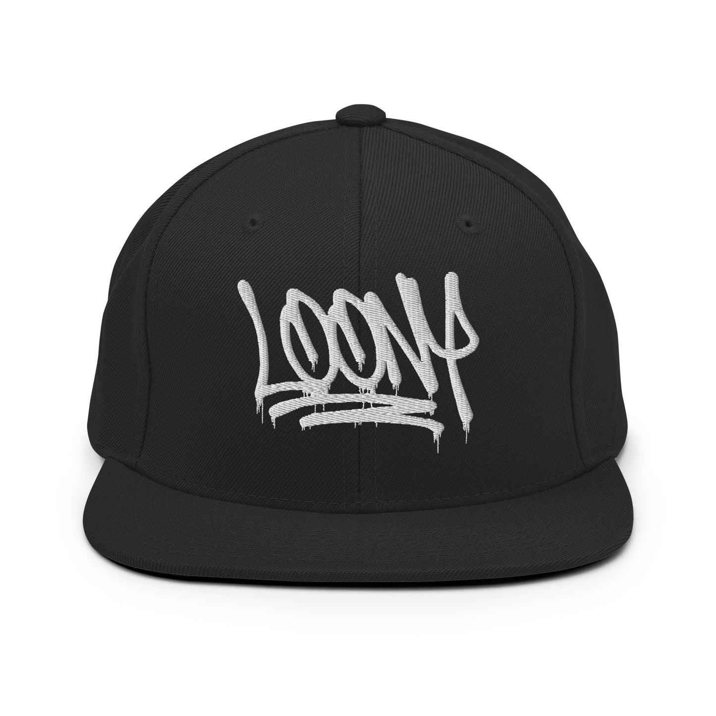 Black-Loony Graffiti Tag Snapback Hat from B.Different Clothing, front view, graffiti-inspired streetwear