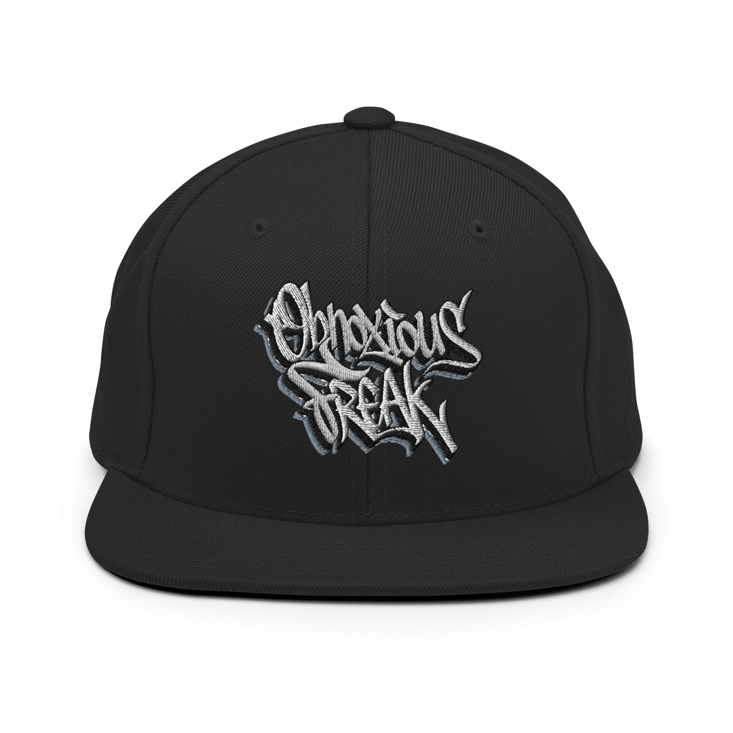 Black-Obnoxious Freak Graffiti Snapback Hat from B.Different Clothing, front view, graffiti-inspired streetwear