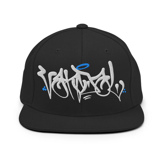 Black-Vandal Graffiti Tag Snapback Hat by Caos One from B.Different Clothing, front view, graffiti-inspired streetwear