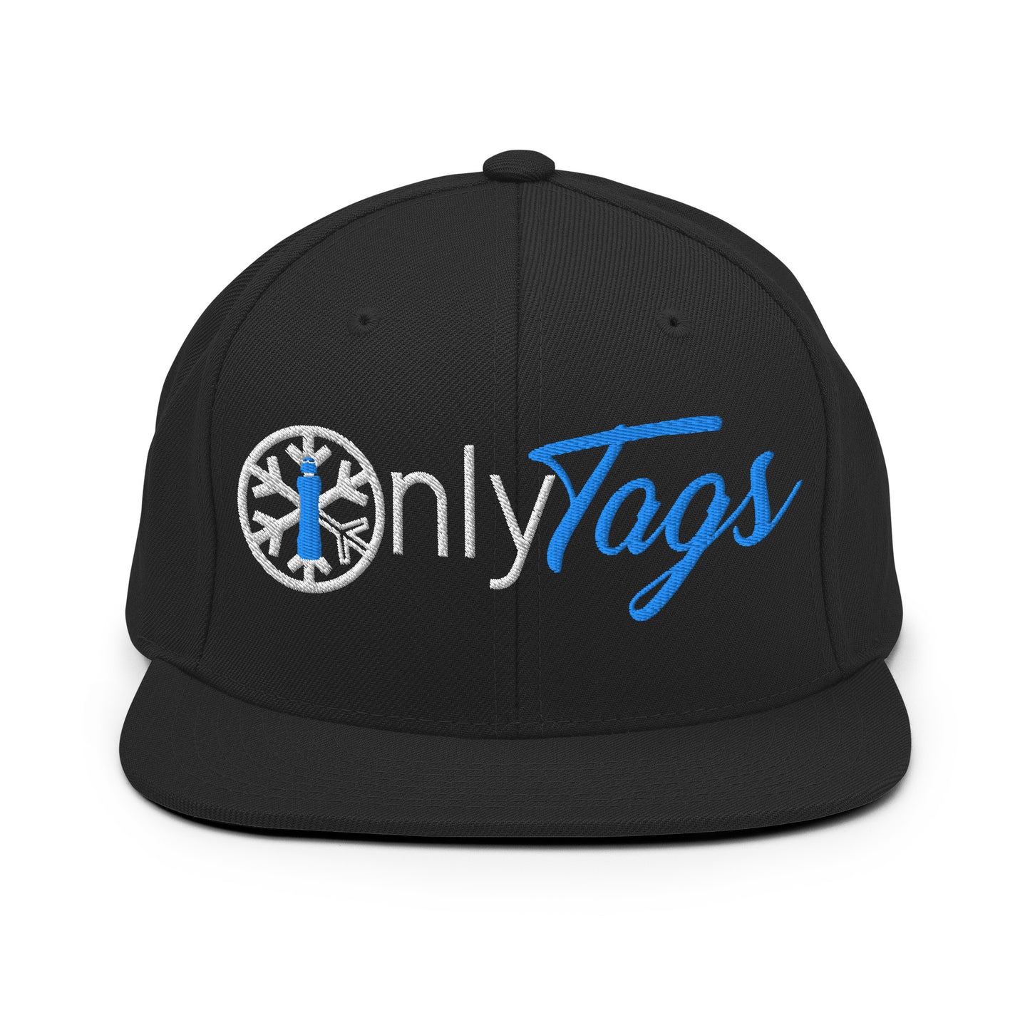 Black-Only Tags Graffiti Snapback Hat from B.Different Clothing, front view, graffiti-inspired streetwear