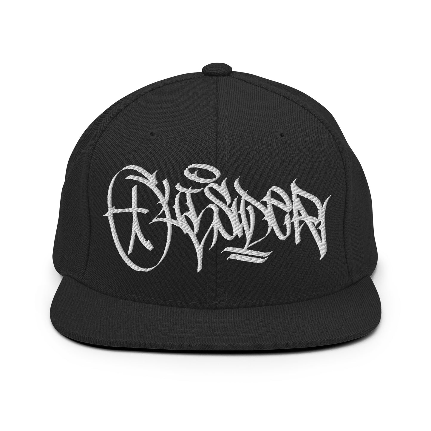 Black-Outsider Graffiti Tag Snapback Hat by Caos One from B.Different Clothing, front view, graffiti-inspired streetwear
