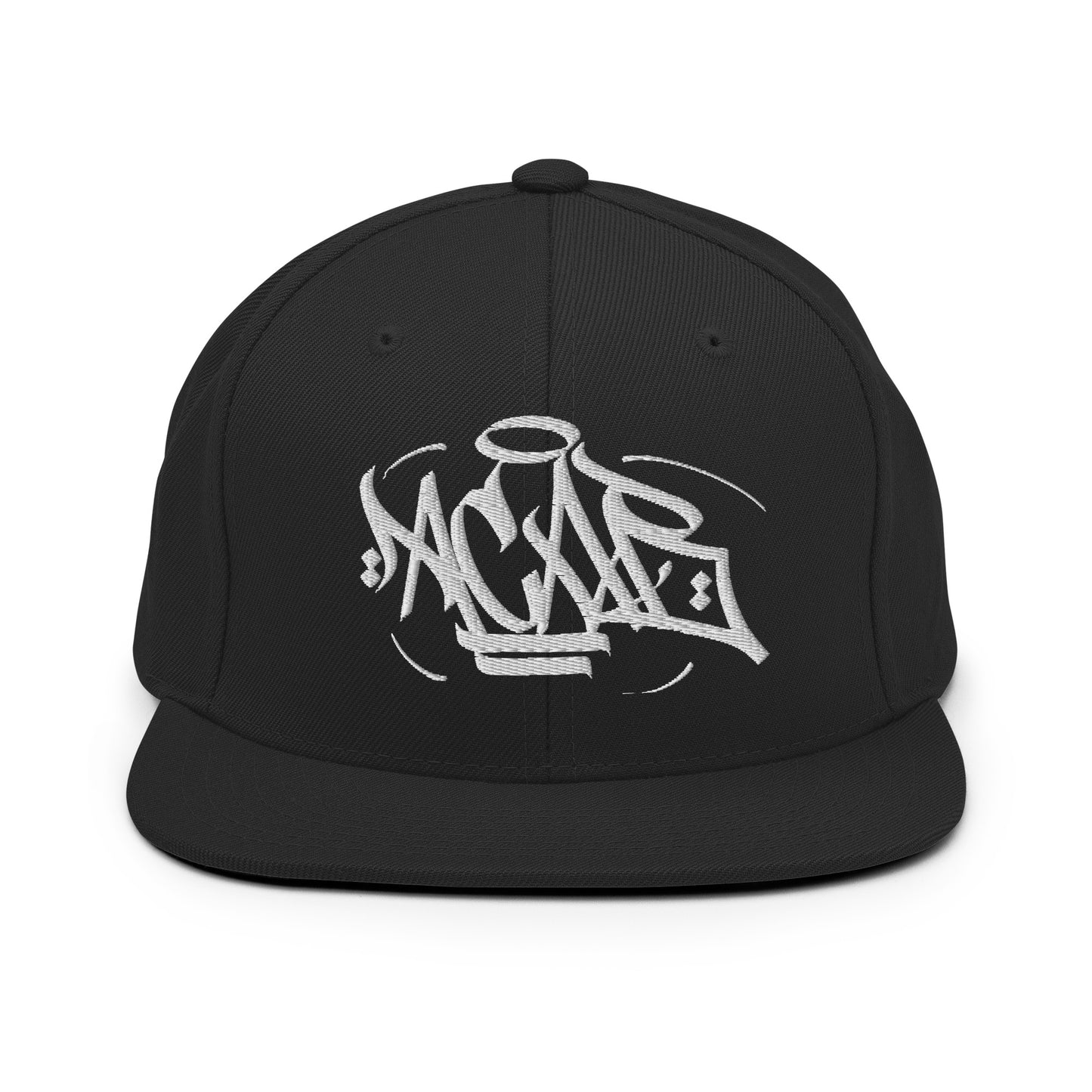 Black-Acab Graffiti Tag Snapback Hat by Caos One from B.Different Clothing, front view, graffiti-inspired streetwear