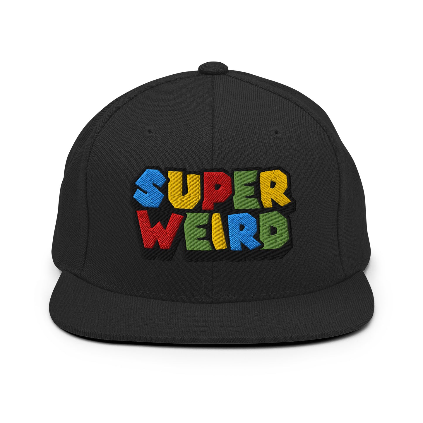 Black-Super Weird Bros Snapback Hat from B.Different Clothing, front view, graffiti-inspired streetwear