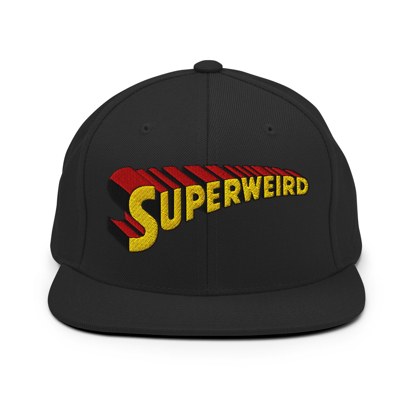 Black-Superweird Snapback Hat from B.Different Clothing, front view, graffiti-inspired streetwear