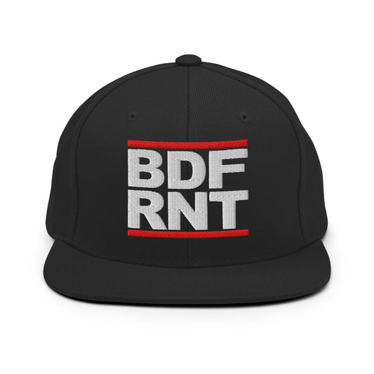 Black-BDFRNT OG Snapback Hat from B.Different Clothing, front view, graffiti-inspired streetwear