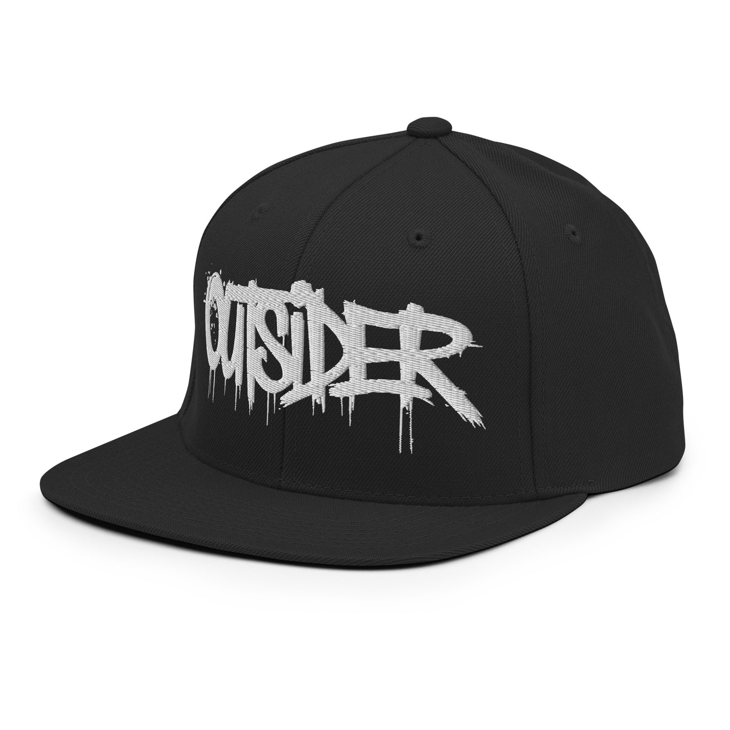 Black-Outsider Graffiti Tag Snapback Hat from B.Different Clothing, 3/4 left view, graffiti-inspired streetwear