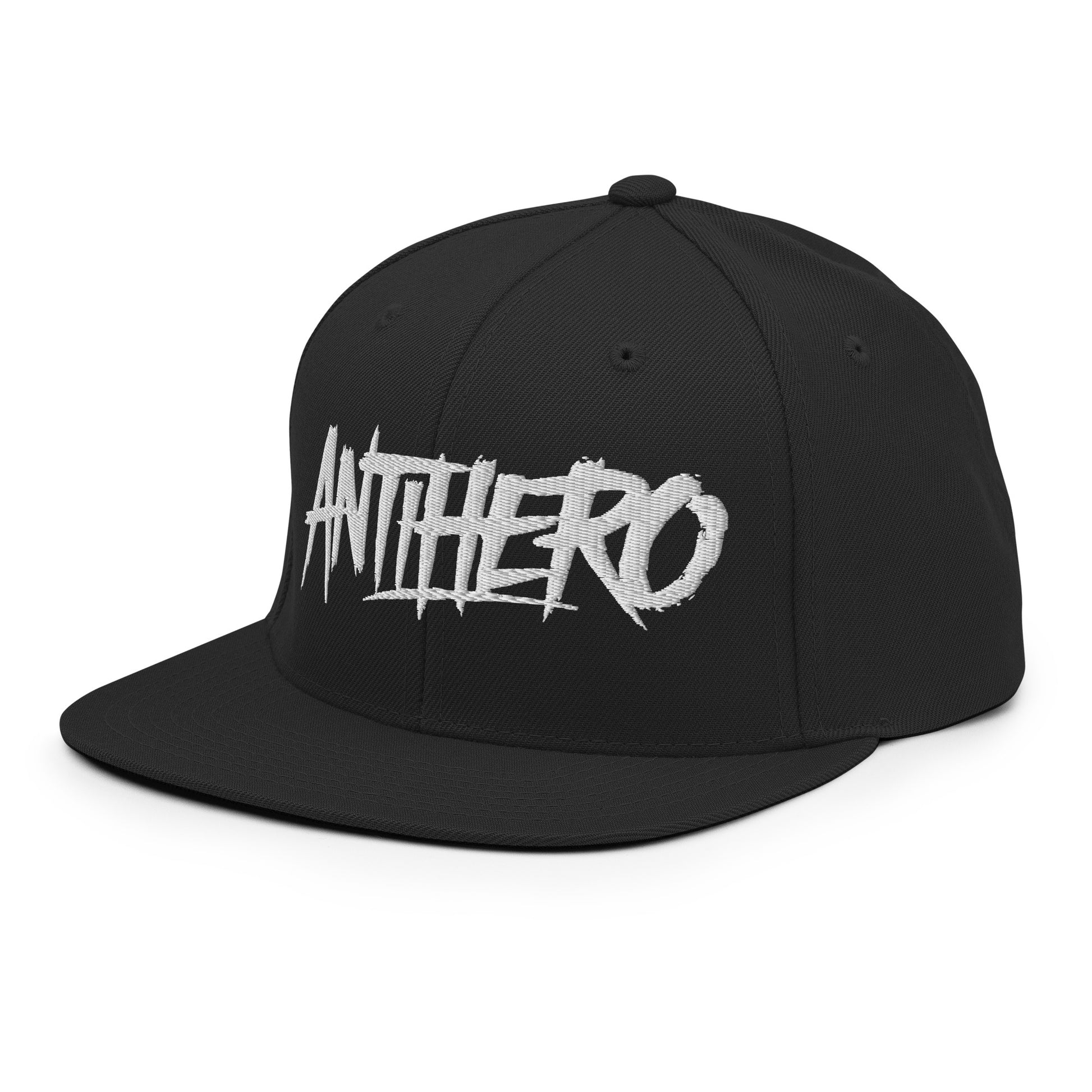 Black-Antihero Graffiti Tag Snapback Hat from B.Different Clothing, 3/4 left view, graffiti-inspired streetwear