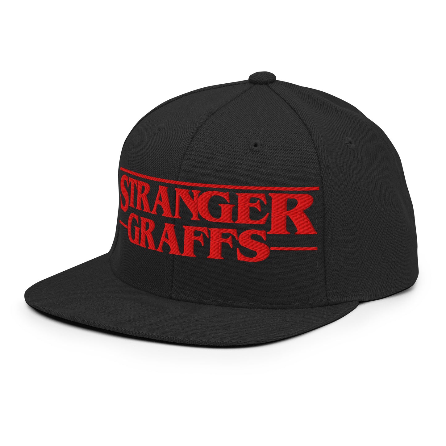 Black-Stranger Graffs Snapback Hat from B.Different Clothing, 3/4 left view, graffiti-inspired streetwear