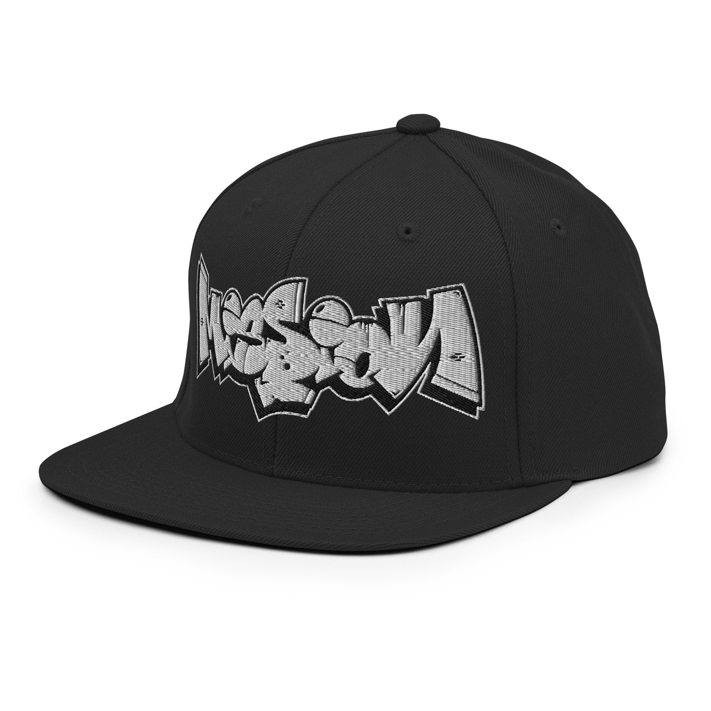 Black-Mission Graffiti Piece Snapback Hat from B.Different Clothing, 3/4 left view, graffiti-inspired streetwear