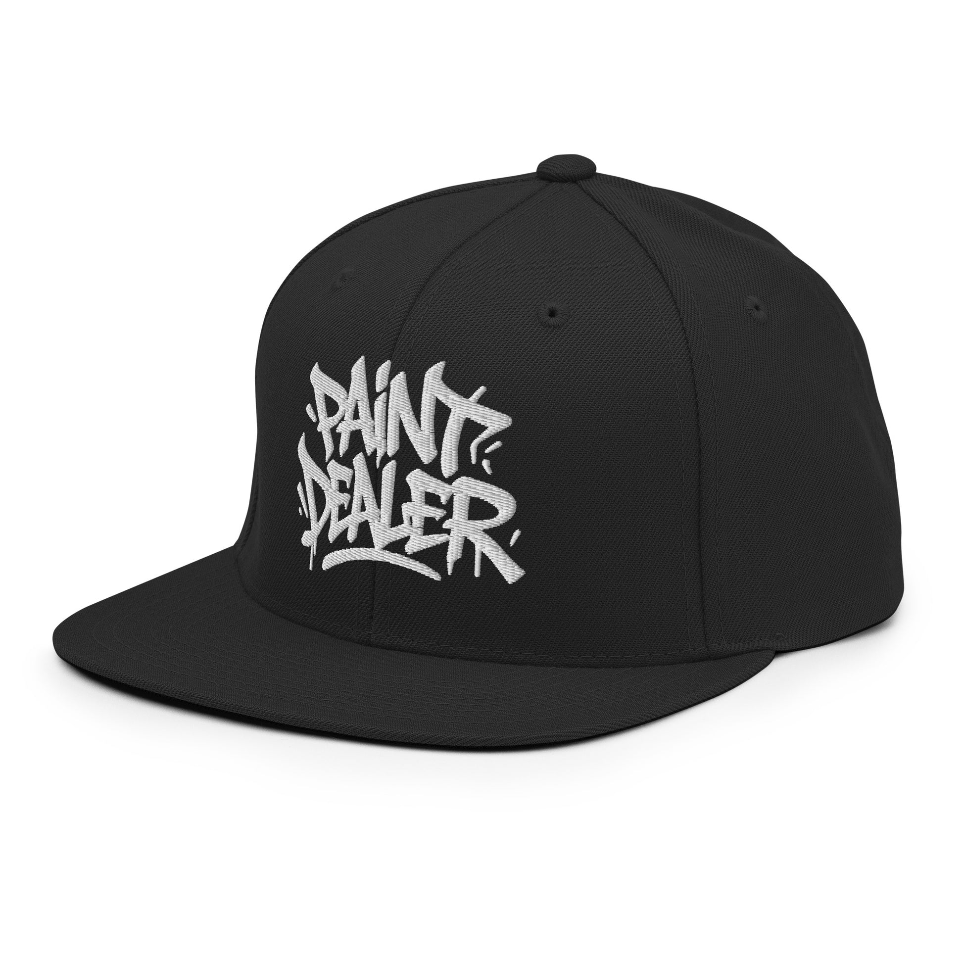 Black-Paint Dealer Graffiti Tag Snapback Hat from B.Different Clothing, 3/4 left view, graffiti-inspired streetwear