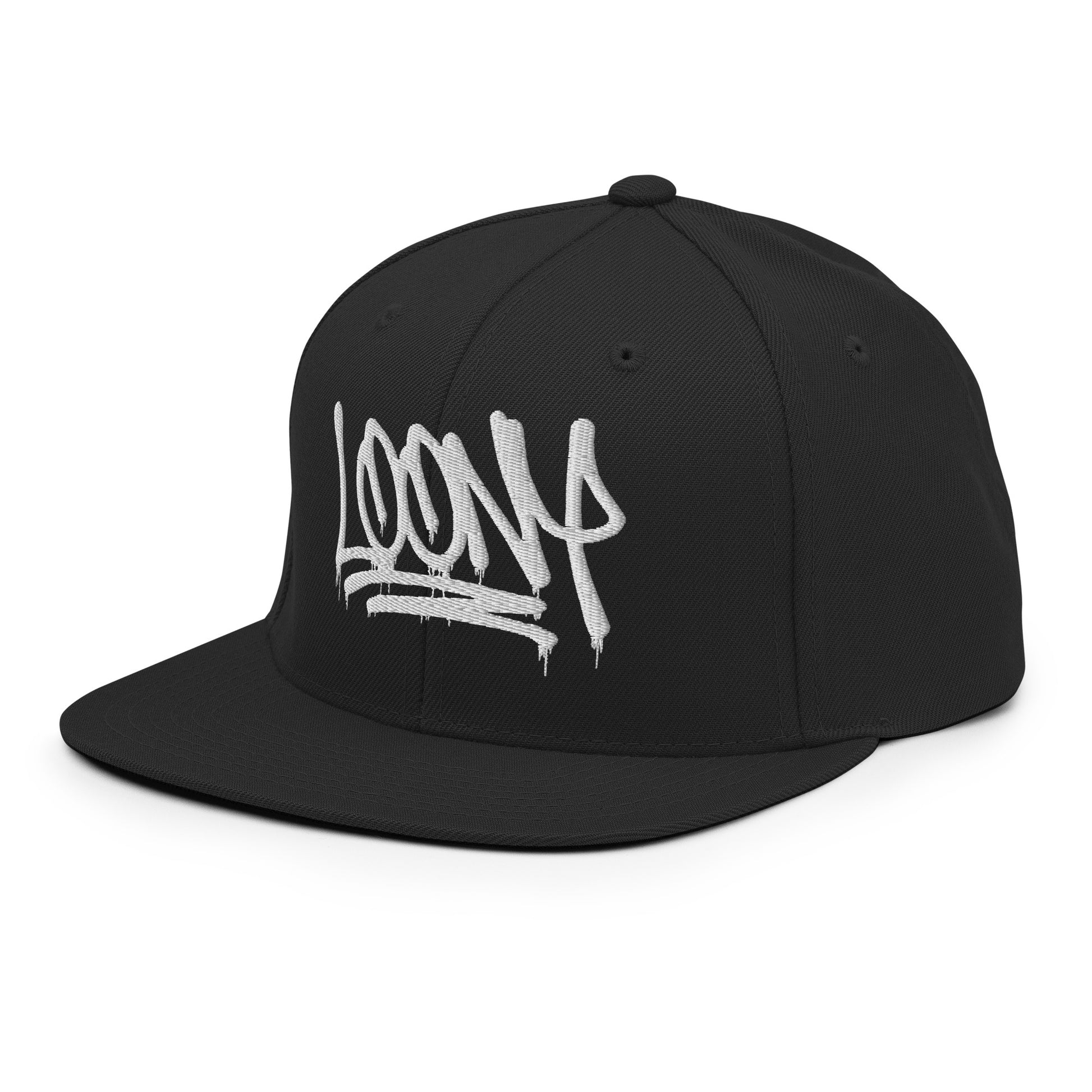 Black-Loony Graffiti Tag Snapback Hat from B.Different Clothing, 3/4 left view, graffiti-inspired streetwear