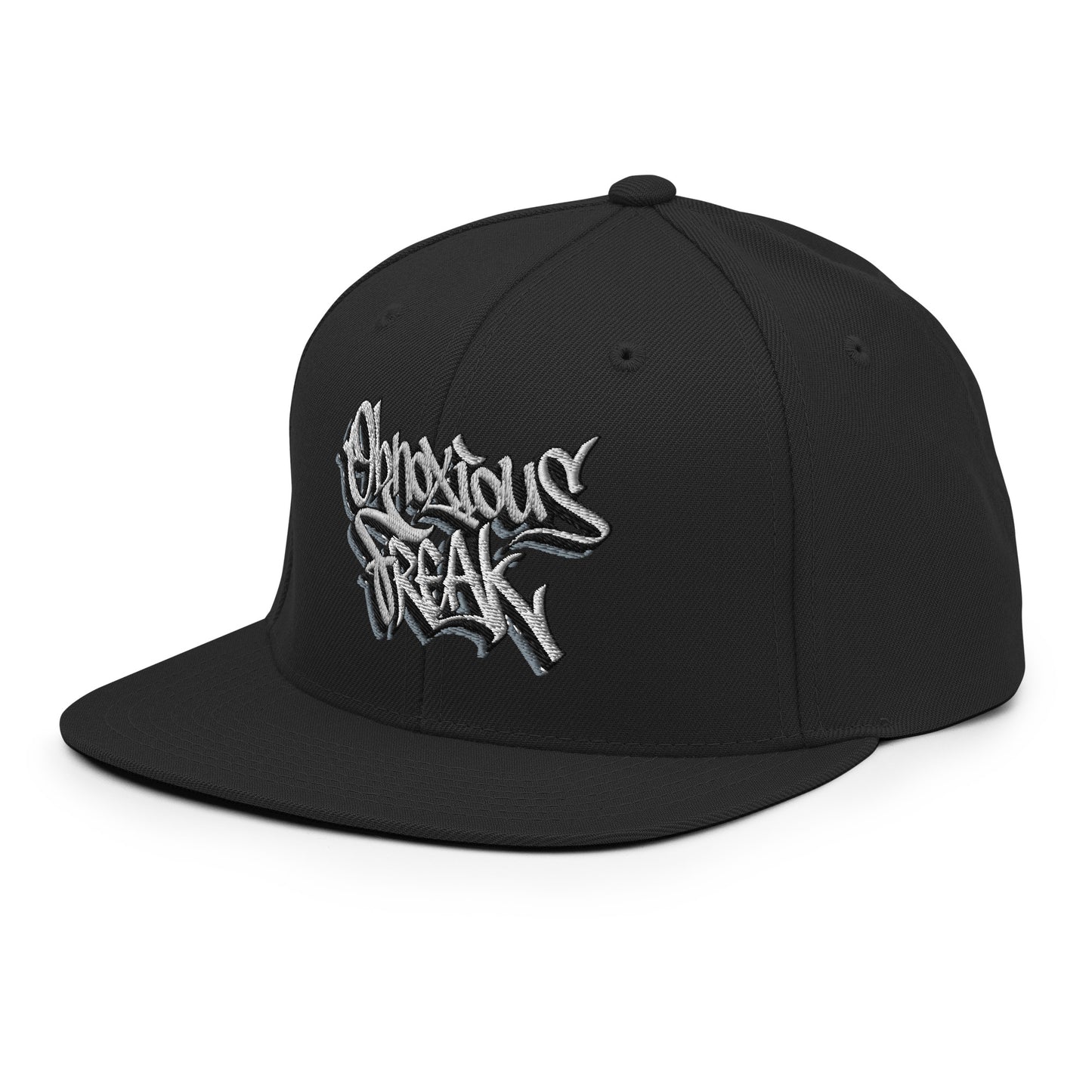 Black-Obnoxious Freak Graffiti Snapback Hat from B.Different Clothing, 3/4 left view, graffiti-inspired streetwear