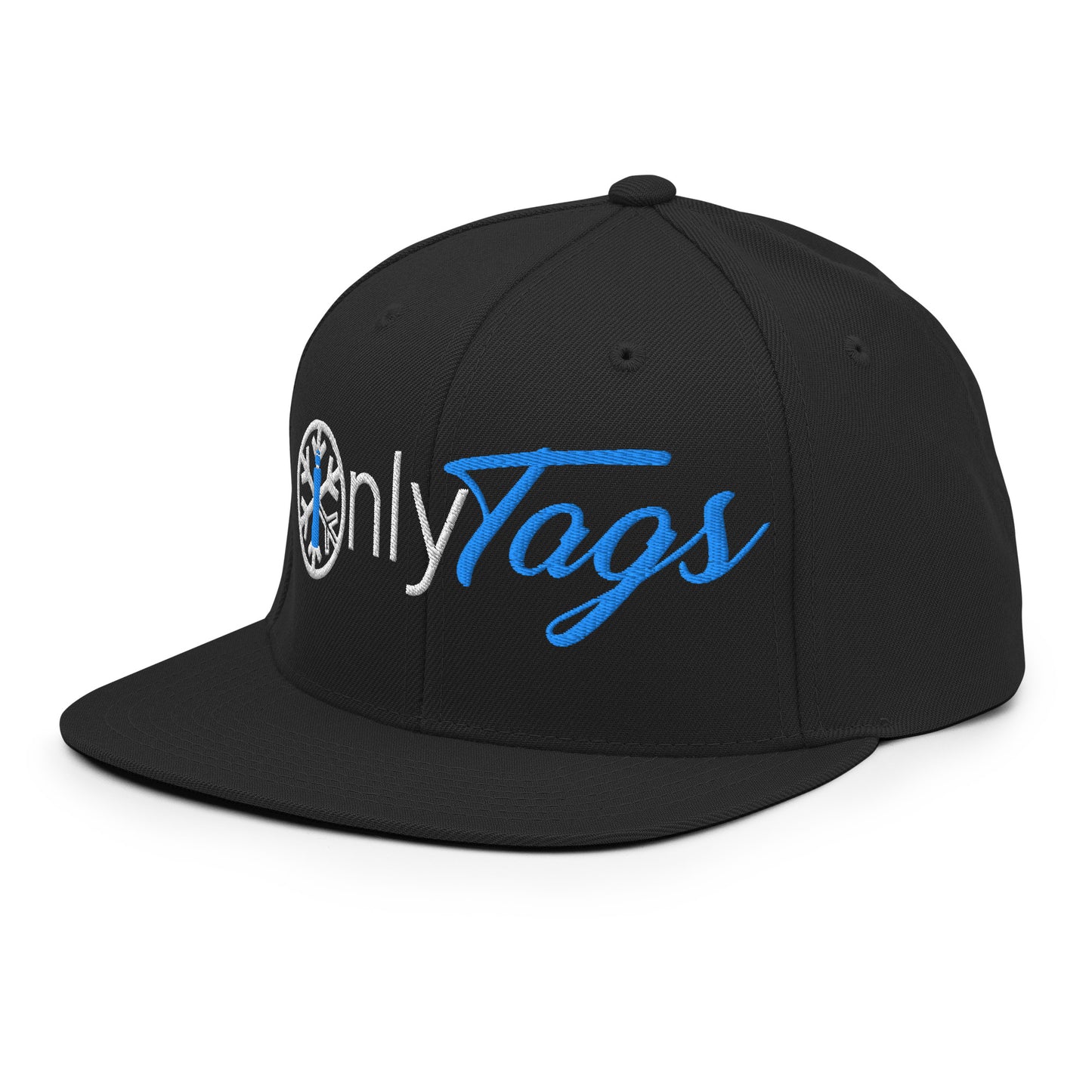 Black-Only Tags Graffiti Snapback Hat from B.Different Clothing, 3/4 left view, graffiti-inspired streetwear