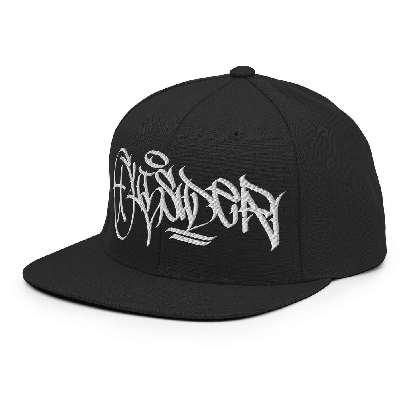 Black-Outsider Graffiti Tag Snapback Hat by Caos One from B.Different Clothing, 3/4 left view, graffiti-inspired streetwear