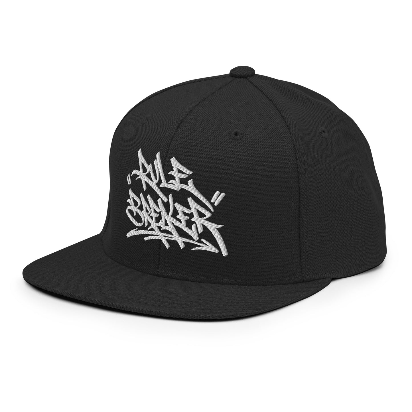 Black-Rule Breaker Graffiti Tag Snapback Hat from B.Different Clothing, left front, graffiti-inspired streetwear