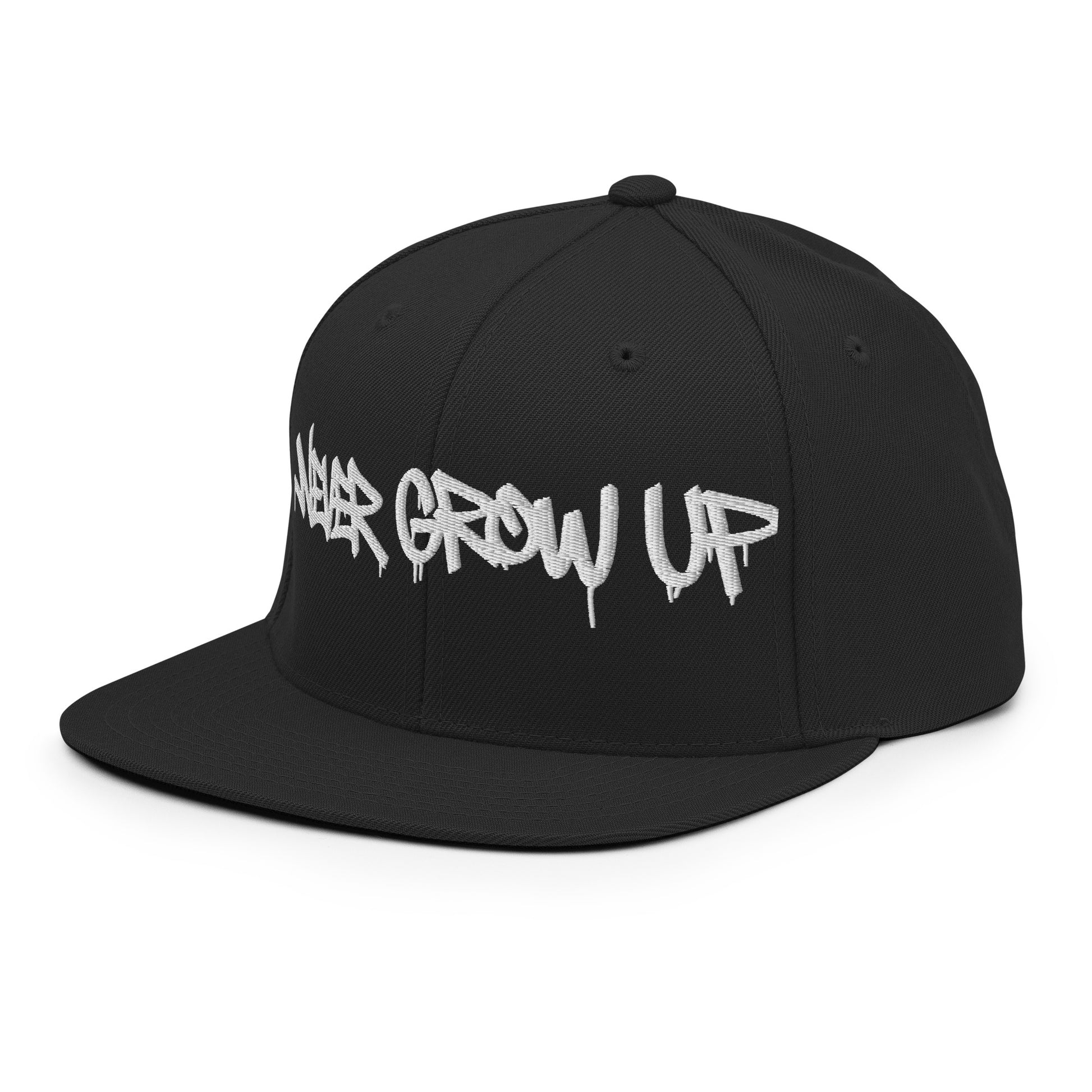 Black-Never Grow Up Graffiti Snapback Hat from B.Different Clothing, left front, graffiti-inspired streetwear